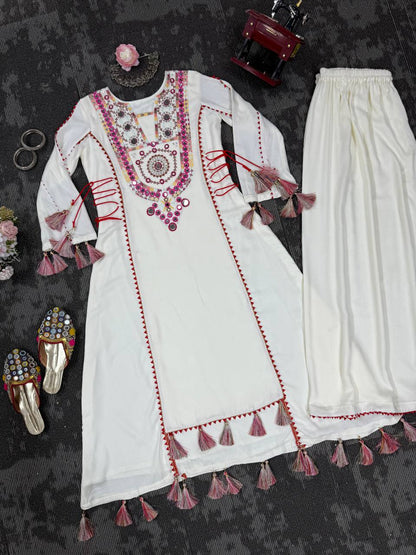 Elegant White Embroidered Kurta Palazzo Set with Tassel Details
