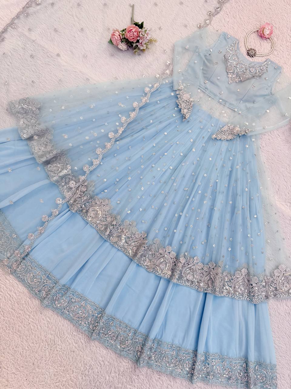 Sky Blue Embellished Net Gown for Women