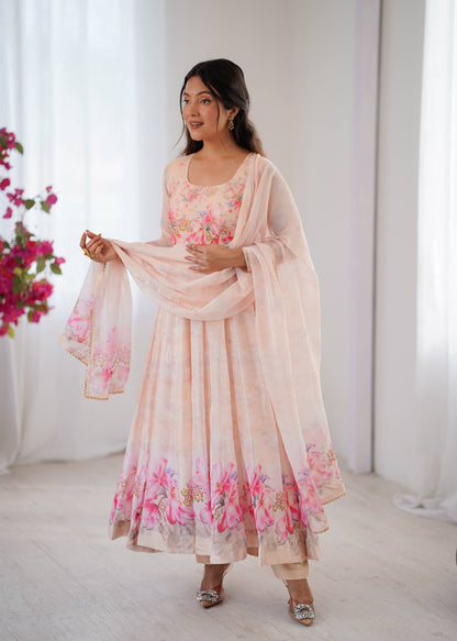 New Party Wear Organza Taby Silk Gown with Dupatta & Pant