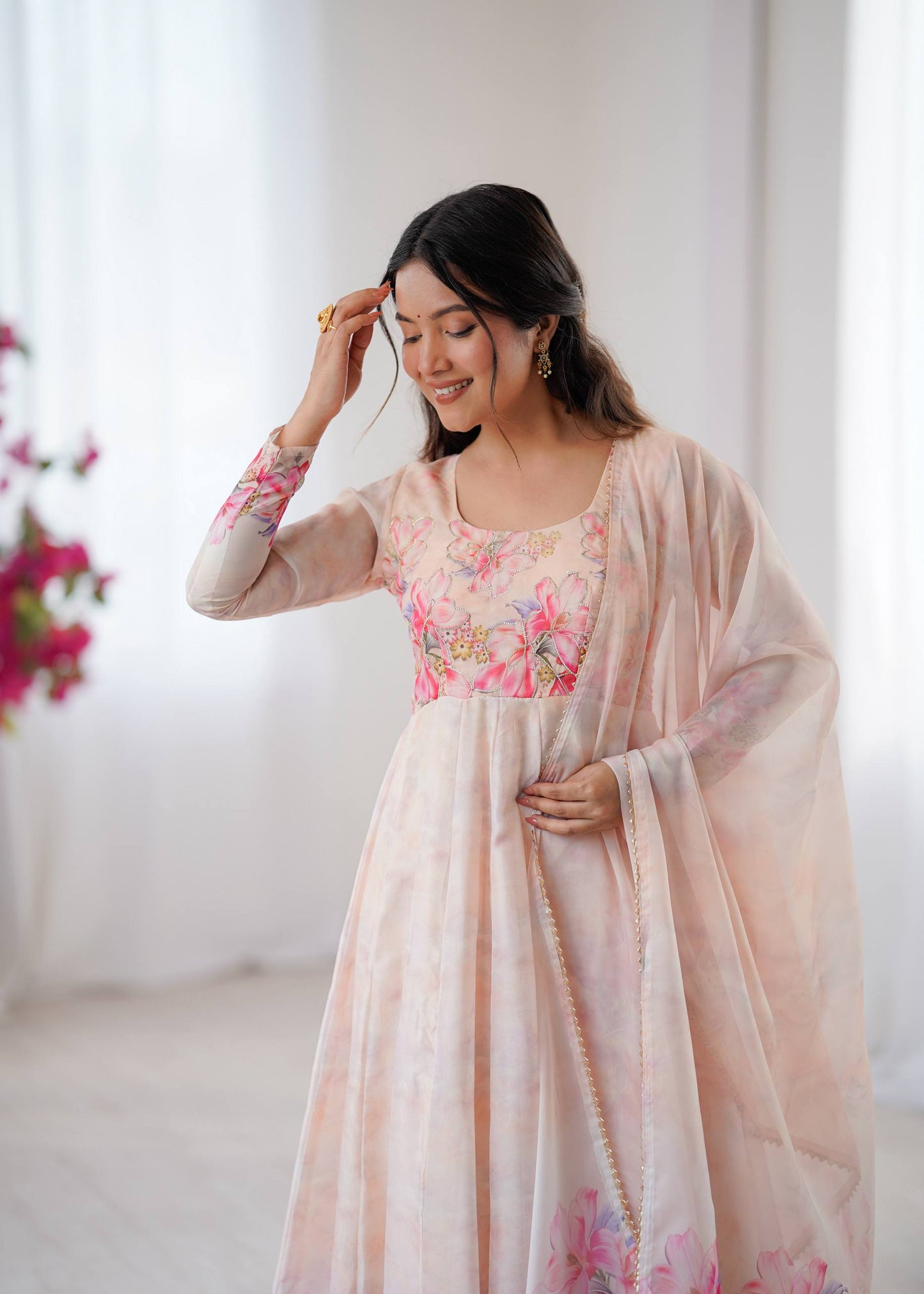 New Party Wear Organza Taby Silk Gown with Dupatta & Pant