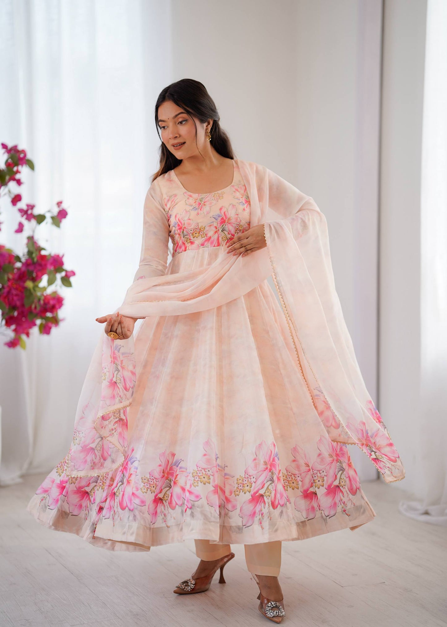 New Party Wear Organza Taby Silk Gown with Dupatta & Pant