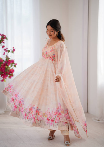 New Party Wear Organza Taby Silk Gown with Dupatta & Pant