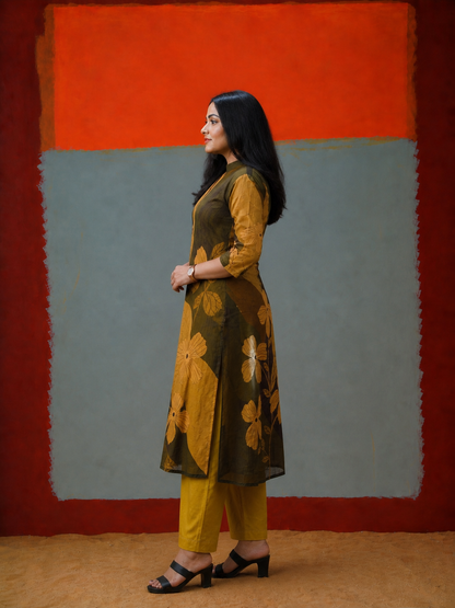 Elegant Mustard & Olive Floral Printed Kurta Set for Women