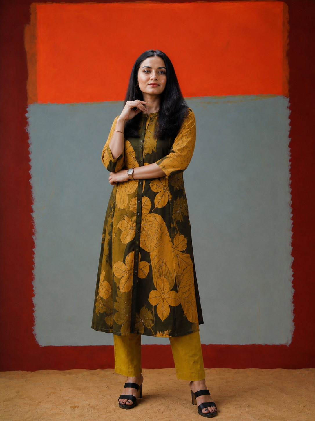 Elegant Mustard & Olive Floral Printed Kurta Set for Women