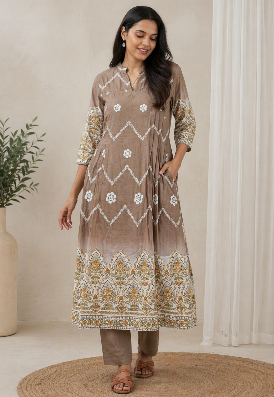 Elegant Brown Printed Cotton Kurta Set for Women