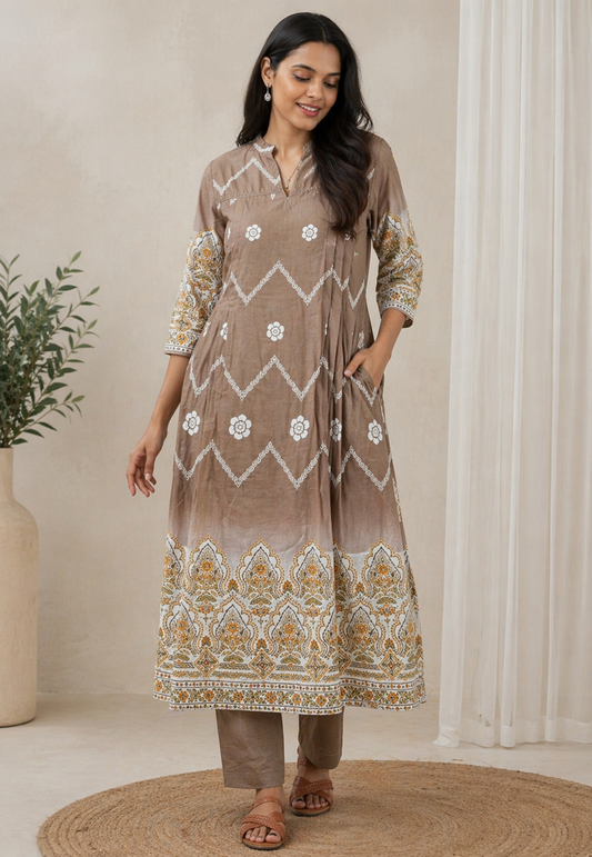 Elegant Brown Printed Cotton Kurta Set for Women