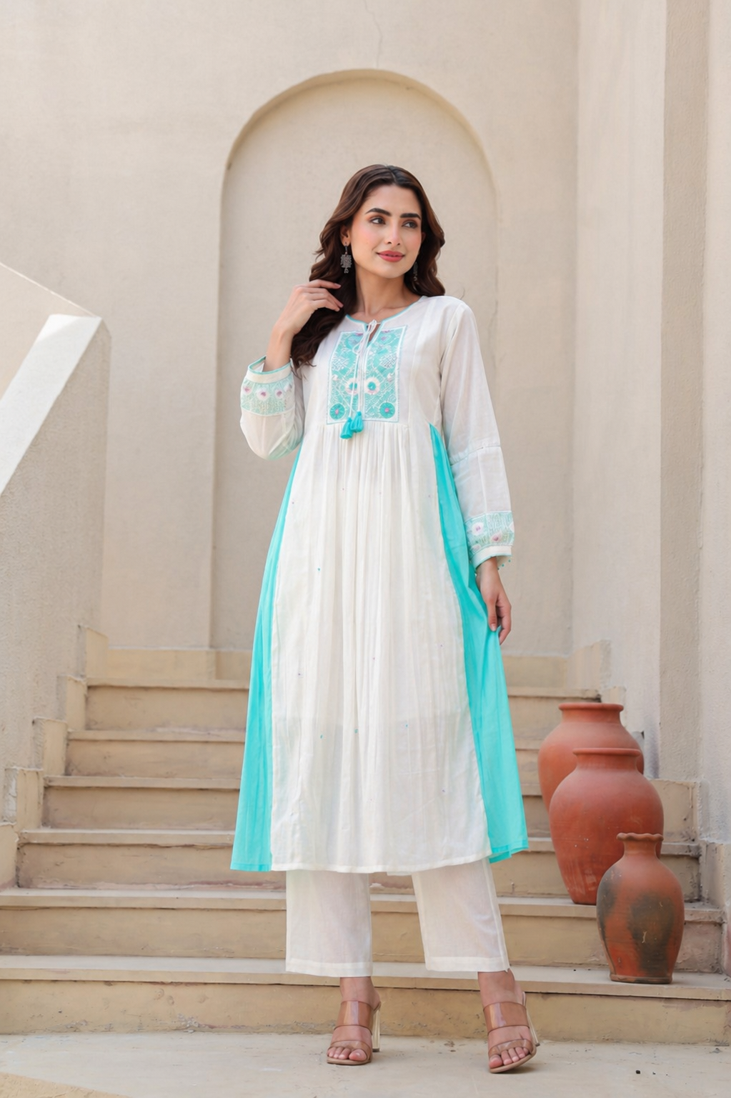 elegant white and aqua kurta set, designed for modern women