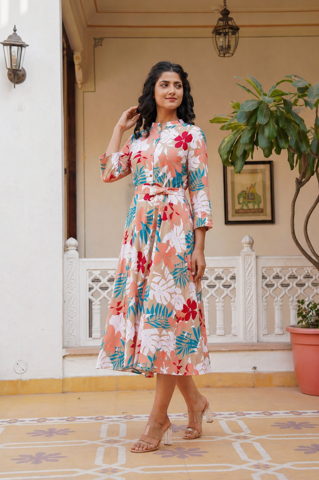 elegant floral printed cotton dress