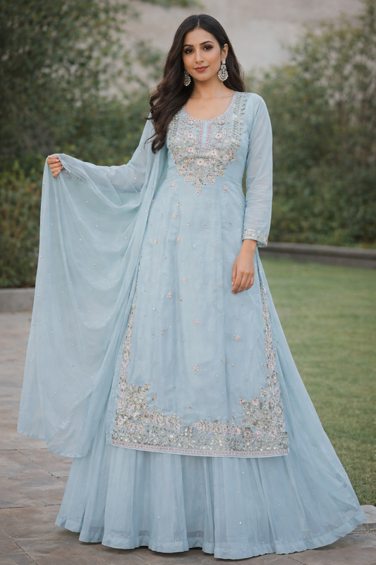 Elegant Powder Blue Embroidered Straight Kurta Set with Palazzo & Dupatta