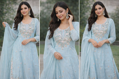 Elegant Powder Blue Embroidered Straight Kurta Set with Palazzo & Dupatta