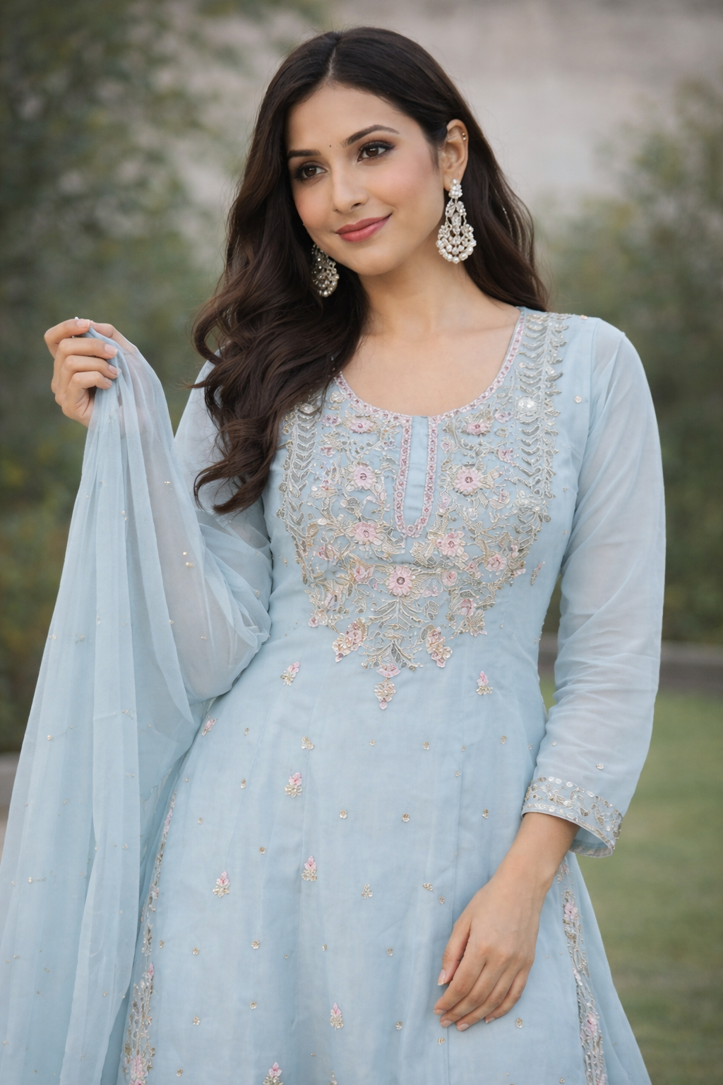 Elegant Powder Blue Embroidered Straight Kurta Set with Palazzo & Dupatta