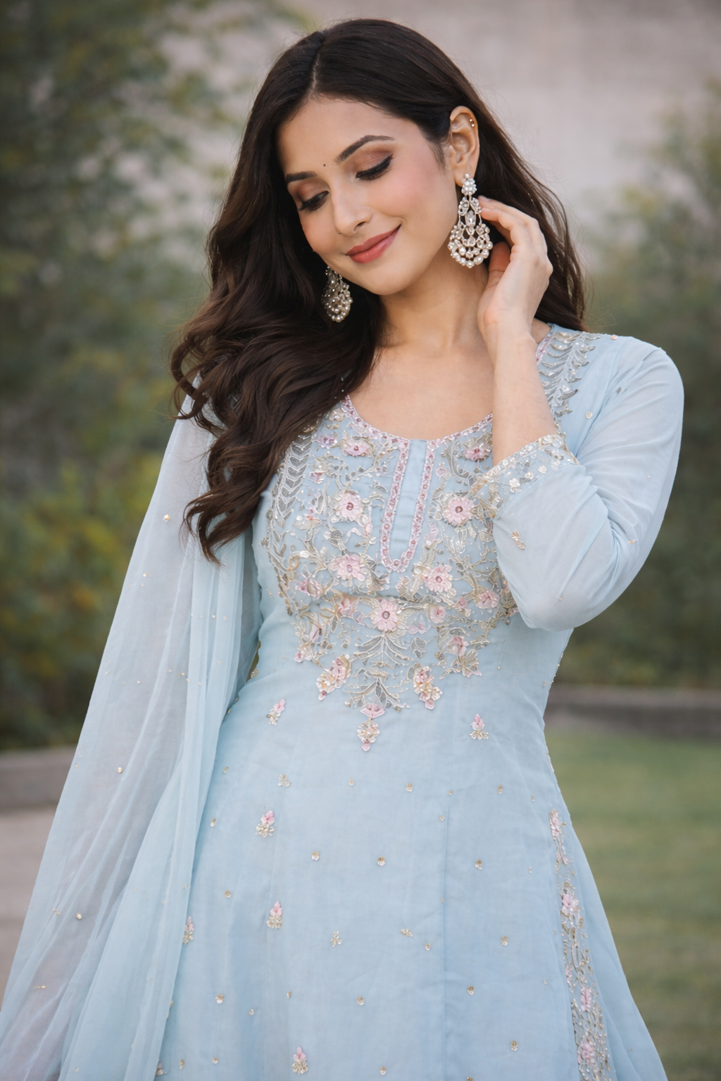 Elegant Powder Blue Embroidered Straight Kurta Set with Palazzo & Dupatta