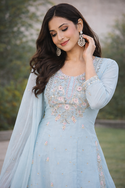 Elegant Powder Blue Embroidered Straight Kurta Set with Palazzo & Dupatta