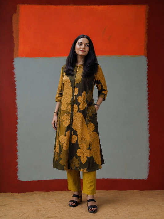 Elegant Mustard & Olive Floral Printed Kurta Set for Women