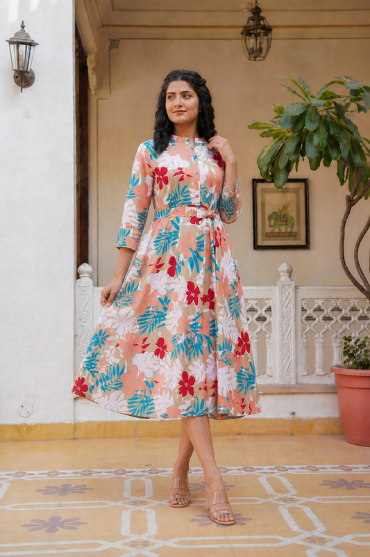 elegant floral printed cotton dress