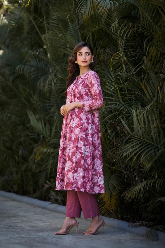 Women’s Pink Floral Printed Cotton Kurta Set
