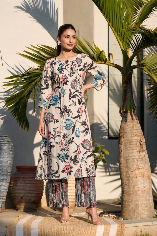 Women Beige Floral Printed Cotton Kurta Pant Set