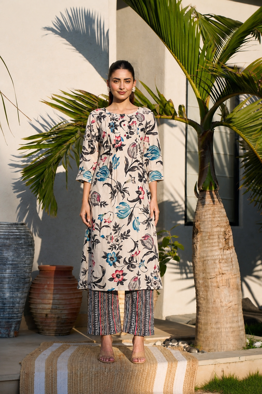 Women Beige Floral Printed Cotton Kurta Pant Set