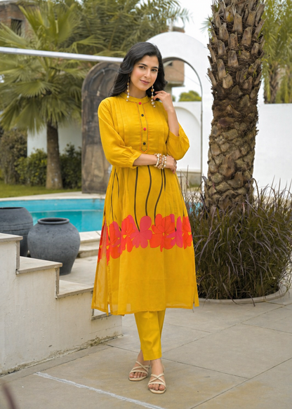 Elegant Mustard Yellow Printed Kurta Set for Women