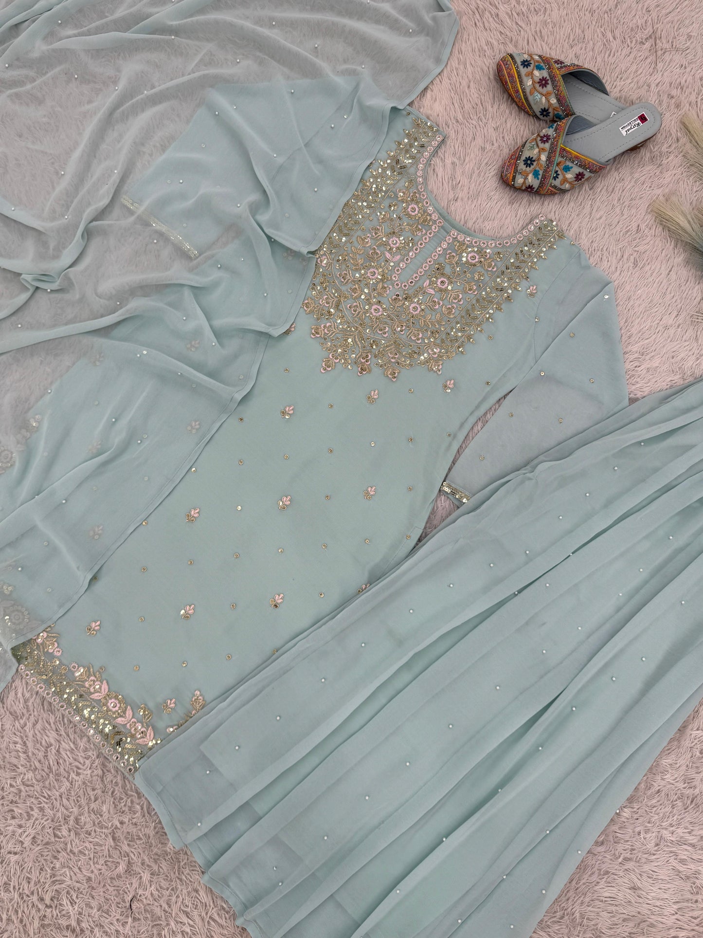 Elegant Powder Blue Embroidered Straight Kurta Set with Palazzo & Dupatta