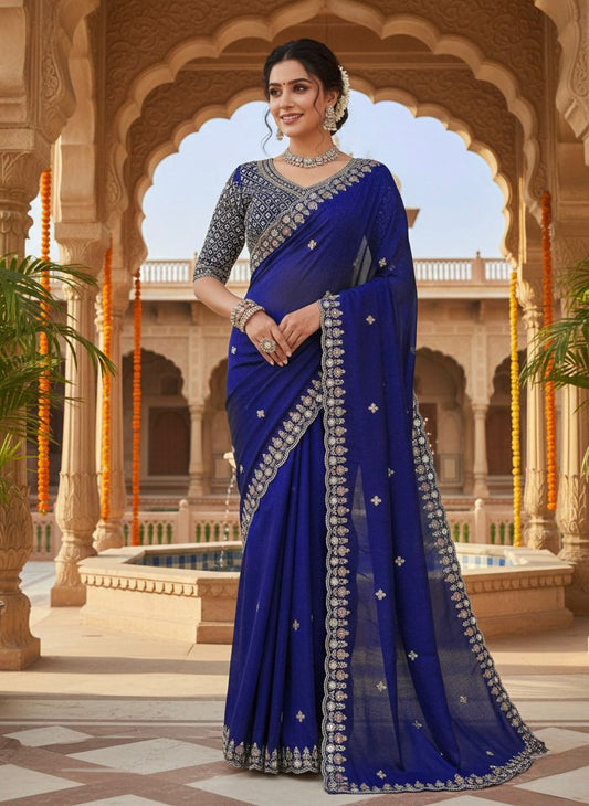 Royal Blue Designer Saree with Heavy Beads & Embroidery Work