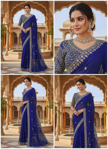 Royal Blue Designer Saree with Heavy Beads & Embroidery Work