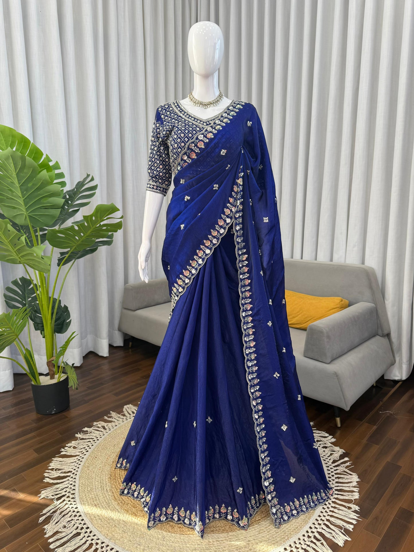 Royal Blue Designer Saree with Heavy Beads & Embroidery Work