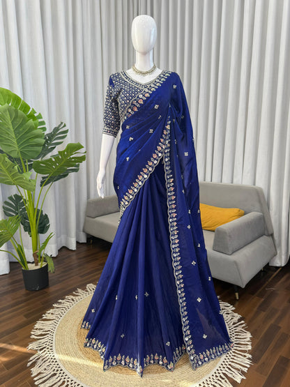 Royal Blue Designer Saree with Heavy Beads & Embroidery Work