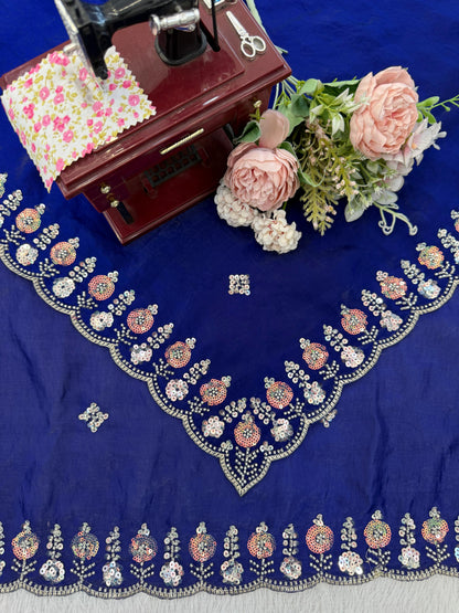Royal Blue Designer Saree with Heavy Beads & Embroidery Work