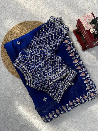 Royal Blue Designer Saree with Heavy Beads & Embroidery Work
