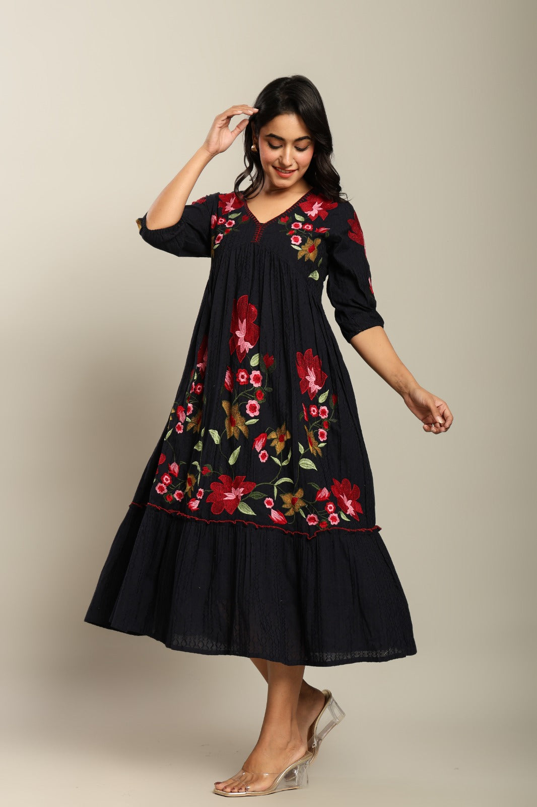 Cotton Dress with Floral Embroidery Work