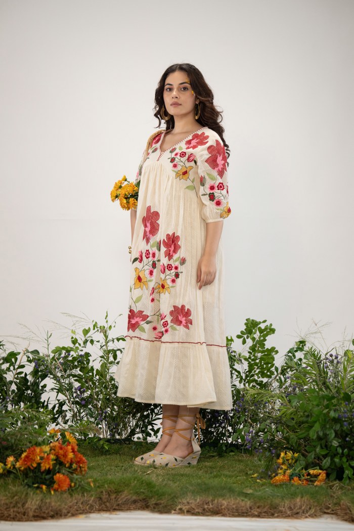 Cotton Dress with Floral Embroidery Work