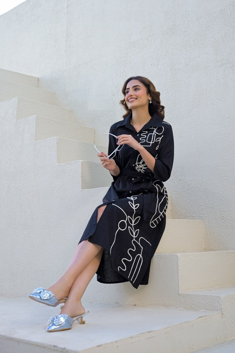 Cotton Midi Dress with Embroidery Work