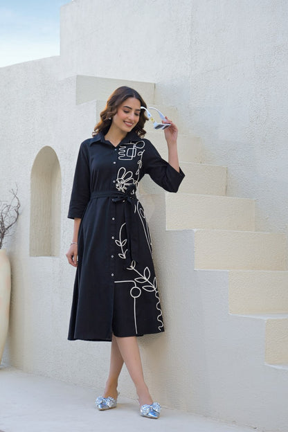 Cotton Midi Dress with Embroidery Work