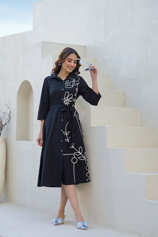 Cotton Midi Dress with Embroidery Work