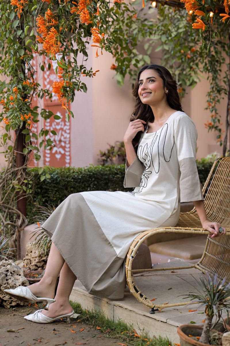 Khadi Cotton Embroidered Midi Dress for Women