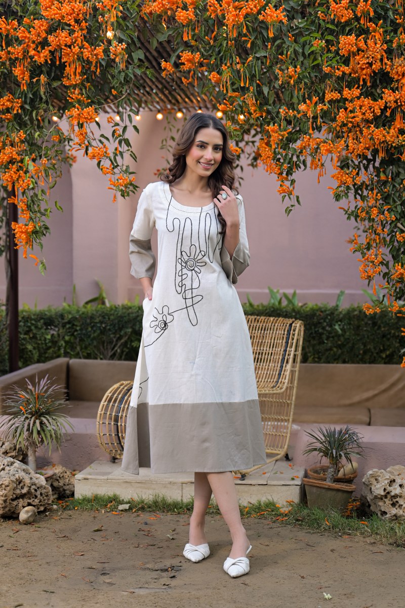 Khadi Cotton Embroidered Midi Dress for Women