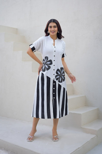 Khadi Cotton Hand Printed long middi dress