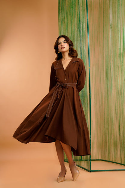 Khadi Cotton Printed Brown Midi Dress