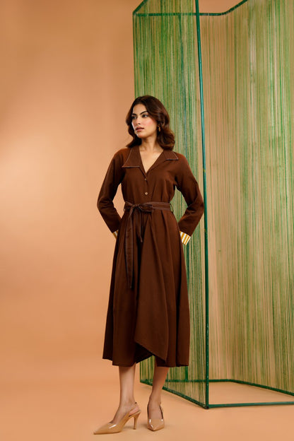 Khadi Cotton Printed Brown Midi Dress