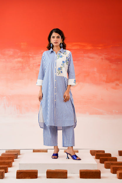 Mal Cotton Blue Striped Printed Kurta Set