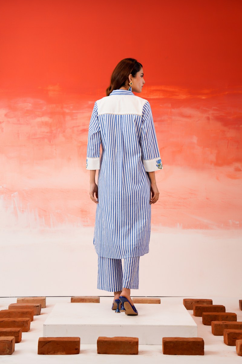 Mal Cotton Blue Striped Printed Kurta Set