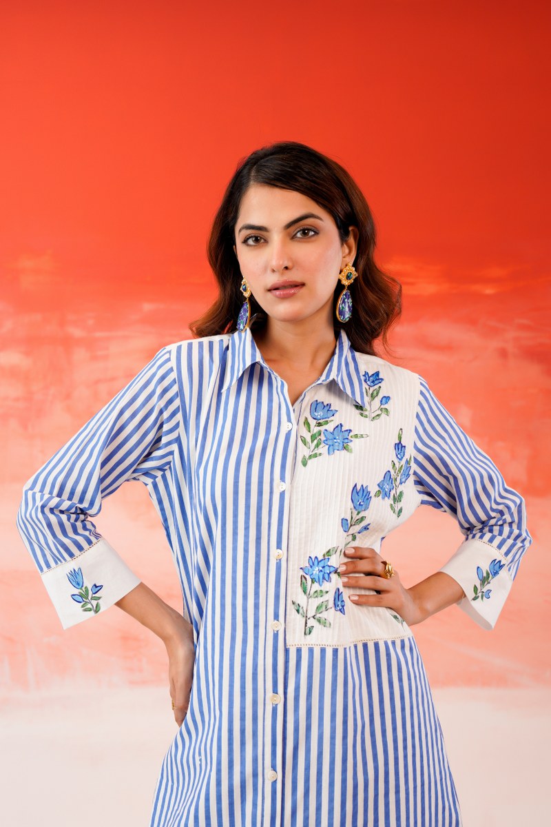 Mal Cotton Blue Striped Printed Kurta Set