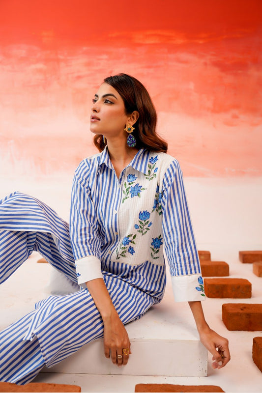 Mal Cotton Blue Striped Printed Kurta Set