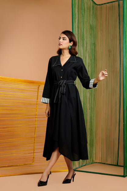 Khadi Cotton Printed Black Midi Dress