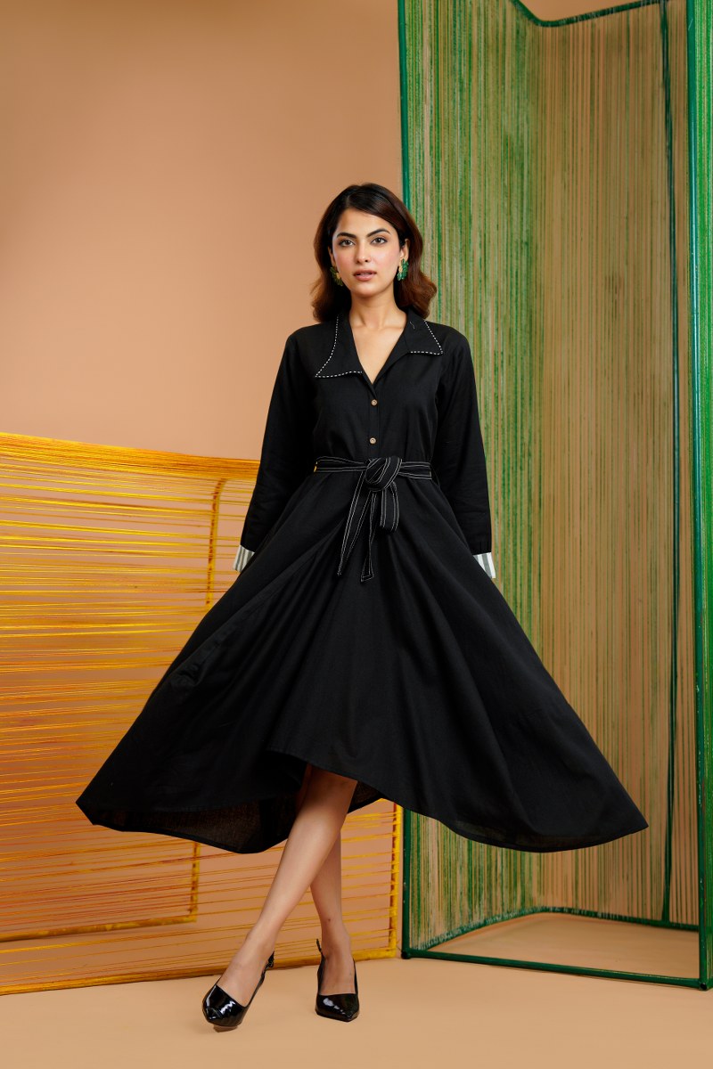 Khadi Cotton Printed Black Midi Dress