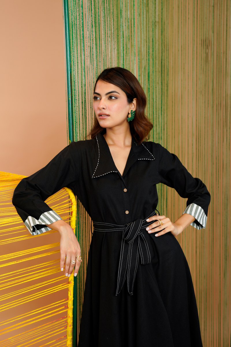 Khadi Cotton Printed Black Midi Dress