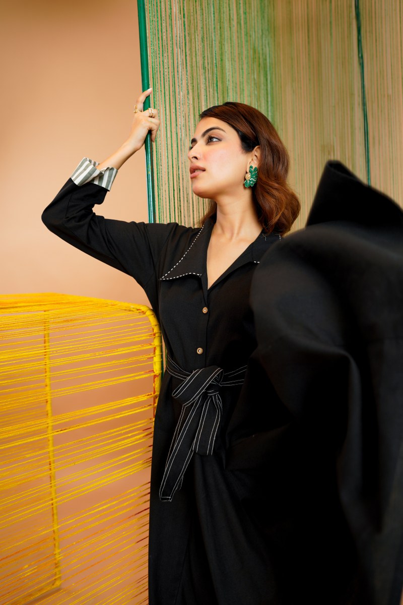 Khadi Cotton Printed Black Midi Dress