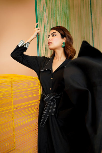 Khadi Cotton Printed Black Midi Dress