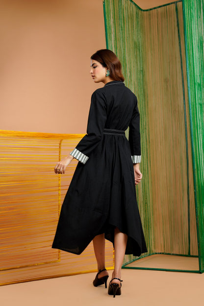 Khadi Cotton Printed Black Midi Dress